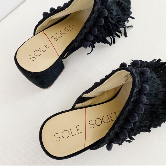 Sole Society Harriet Slip On Mule Sandals Fringe Pom Pom Tassel Suede Black 7.5 - Picture 7 of 10